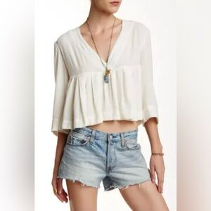 Free People‎ Pleats On Me Cropped Swing Surplice Blouse Top in Ivory Size Small